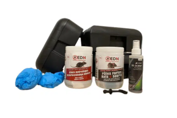 Kit anti-rats pour les petites infestations avec postes d'appâtage, produits raticides, spray attractif, clé et gants