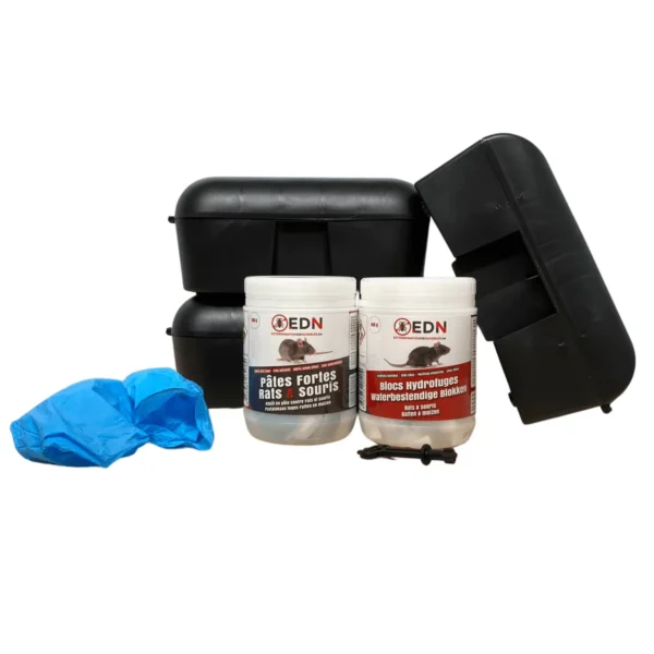 Kit anti-rats pour les petites infestations avec postes d'appâtage, produits raticides, clé et gants