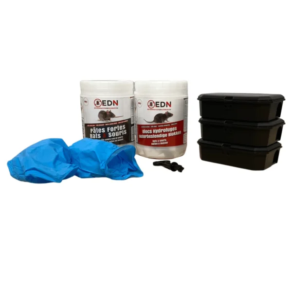 Kit anti-souris pour les petites infestations avec postes d'appâtage, produits souricides, clé et gants